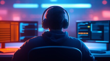 young individual wearing headphones engaged in programming at dual monitors late at night illustrati
