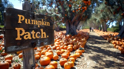 traditional pumpkin patch: pumpkin patch with rustic signage. filled with assortment of halloween pu