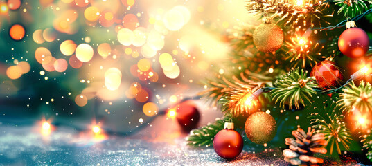 Wall Mural - A close-up of a decorated Christmas tree with red and gold ornaments, twinkling lights, and a soft, snowy background