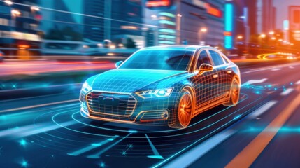 Wall Mural - Autonomous vehicle using 5G for real-time navigation, advanced and reliable.