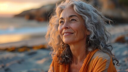 portrait of a beautiful senior woman with grey curly hair smiling and looking at the sky on the beach