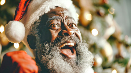 Santa joyfully screams while tumbling from a tree, surrounded by festive decor and a softly blurred background, capturing a moment of holiday exuberance