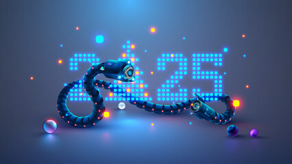 Aufkleber - Robot snake with AI wrapped around number of new year 2025. Christmas and new year greeting card with robot snake, digits 2025 in digital computers electronics technology style. China zodiac snake.