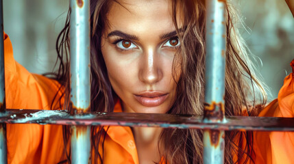 A young woman holds onto prison bars, her bright brown eyes piercing through the metal as she looks directly at the camera, showcasing her captivating beauty