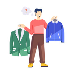 Canvas Print - Boy choosing between clothes, flat illustration 

