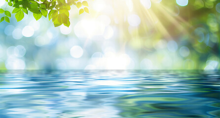 Wall Mural - Blurred background with blue, white and light green gradient. Blurry water surface with a bokeh effect. Background for design with copy space.