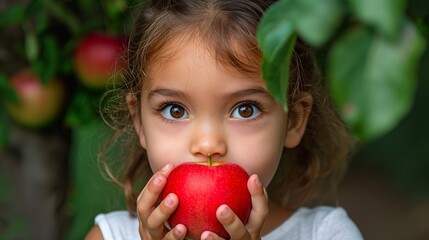 A young girl is holding a red apple in her hand. She is looking at the camera with a smile on her face