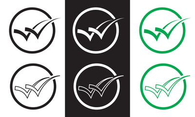 Wall Mural - double checking icon. green, black and white double tick, check mark. flat done sticker icon isolate