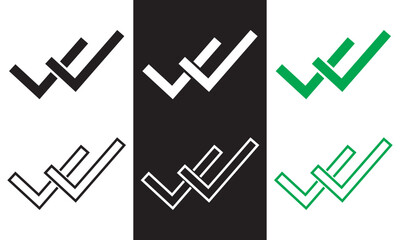 Wall Mural - Double checking icon. Green, black and white double tick, check mark. Flat done sticker icon isolated on white and black. Accept button. Good for web and software interfaces. EPS 10