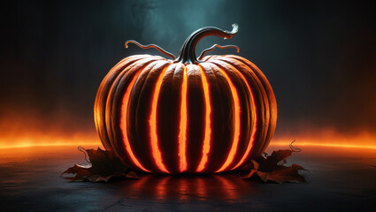 pumpkin on an orange glowing background. Halloween. Pumpkin emits light