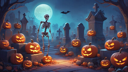 Wall Mural - a skeleton walks through an old cemetery at night. The cemetery is decorated for Halloween with jack-o'-lantern pumpkins.