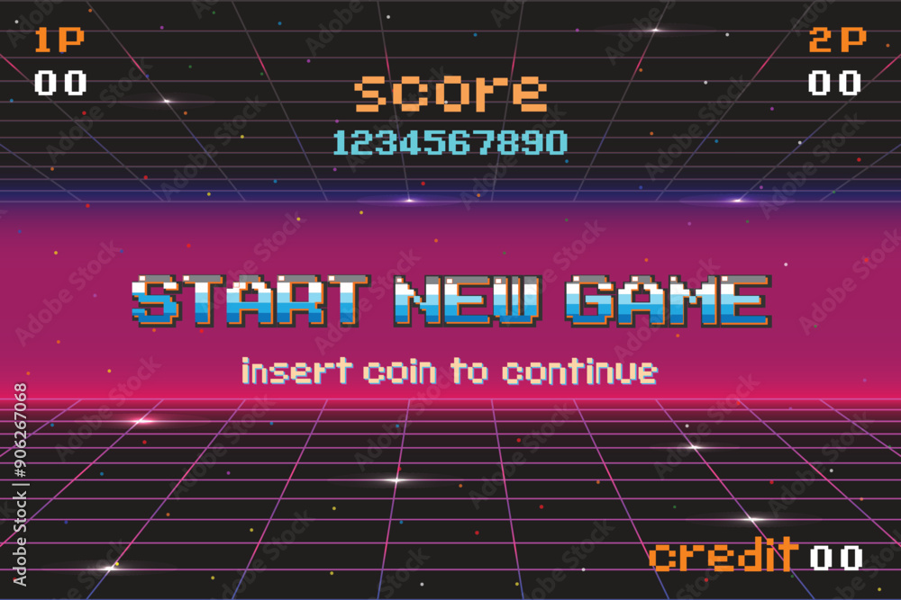 START NEW GAME. insert coin to continue. pixel art .8 bit game. retro ...