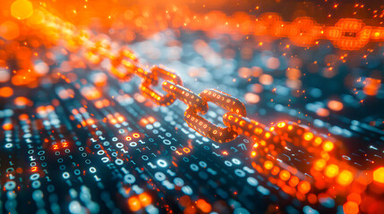 blockchain technology concept showing a chain floating over binary code data flow in a network