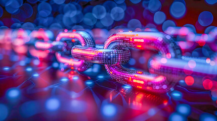 Blockchain technology concept with glowing chain and binary code