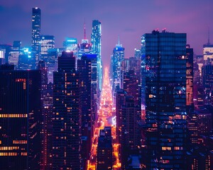 Wall Mural - Dramatic Nighttime City Skyline with Towering Buildings and Vibrant Illumination