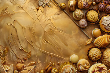 Wall Mural - Golden background with decorative sweets for a luxurious celebration.