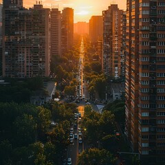 Wall Mural - Breathtaking Sunset View of Towering Skyscrapers and City Streets Below