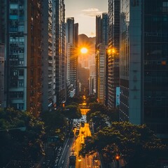 Poster - Sunset View of Towering Skyscrapers Casting Lengthy Shadows Over the Vibrant City Streets Below