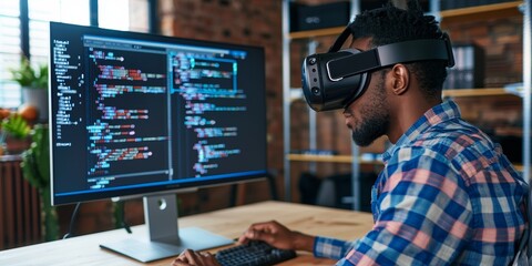 A programmer using virtual reality technology to simulate coding environments, showcasing futuristic programming tools