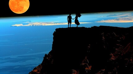 Wall Mural - aerial view, overlook, the celestial couple standing separately at different sides of volcanic crater lake at Olympus Mons, they gaze at each other, view from orbit, the moon and sun in the background