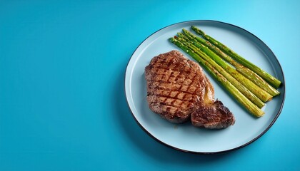 Deliciously grilled steak complemented by fresh asparagus on a vibrant blue plate, perfect for a gourmet dining experience.