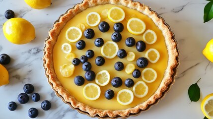 Wall Mural - A fresh Meyer lemon tart with a golden pastry crust and topped with blueberries.