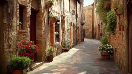  A street in a small old town in Tuscany, Italy.