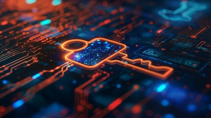 A key is shown in a computer screen with a blue background. Digital security background. Hologram digital security