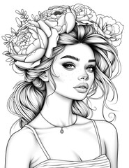 Wall Mural - A woman with a flower crown on her head. She has a necklace around her neck