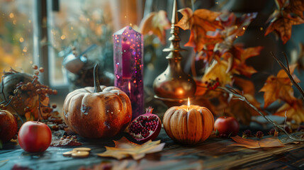 Festive Mabon altar with candle, fruits, and autumn leaves.