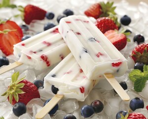 Wall Mural - Summer frozen yogurt bars with fresh fruits and berries on stick for a delightful seasonal treat