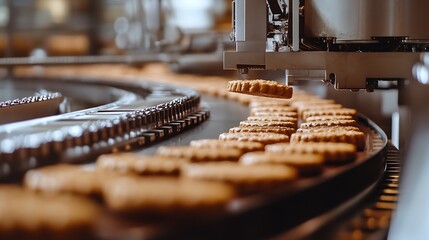Aufkleber - Detailed Close-Up of Conveyor Belt in Food Factory Placing Freshly Baked Cookies into Packaging