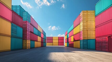 Colorful sea cargo containers stacked in dock area for transport and business at blue sky background