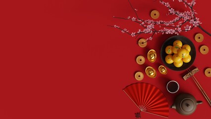 Wall Mural - chinese new year celebration 3d render background. happy chinese new year background with 3d ornamen