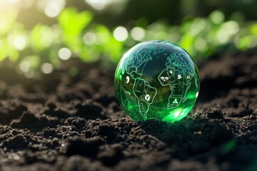 green crystal ball with icons of environmentally friendly technology