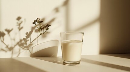 Glass of milk on a breakfast table, accompanied by a minimalistic, bright setting