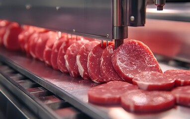 Close-Up of Food Production Machine Precisely Slicing Meat for Packaging