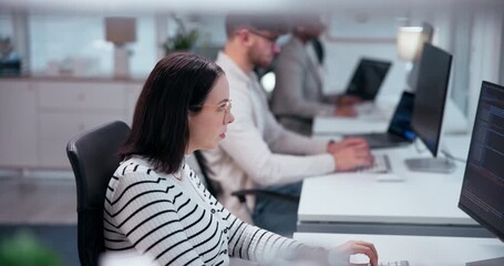 Canvas Print - Office, research and woman with computer at desk for information technology, network and planning. Programming, business and developer with tech at work for backend development, server and testing