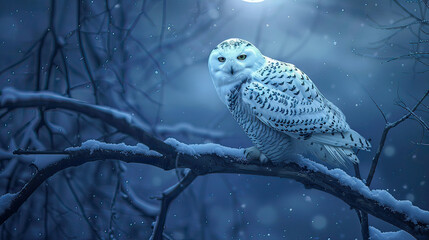 Wall Mural - Snowy Owl Perched on a Moonlit Branch in a Surreal Background AI Generative