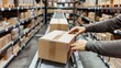 © Rainister - A closeup of hands placing a cardboard box onto a shelf in a warehouse, with neatly stacked boxes in the background