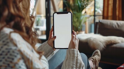 Poster - Mock up white screen blank mobile phone in woman hands holding sitting on armchair at home Back view : Generative AI