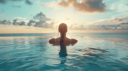 Wall Mural - Young woman enjoying the edge of the water of a luxurious infinity pool merging with the horizon on the background of the sea in a tropical warm sea resort : Generative AI