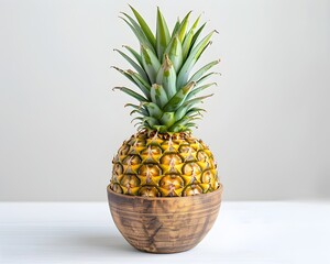 Poster - Fresh Whole Vibrant Green Crowned Pineapple on White Background with Copyspace