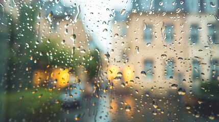 Poster - Rain drops on window glass close up background texture View on rainy street town from home : Generative AI