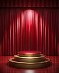 Poster - Red velvet curtain backdrop with a spotlight on a podium.