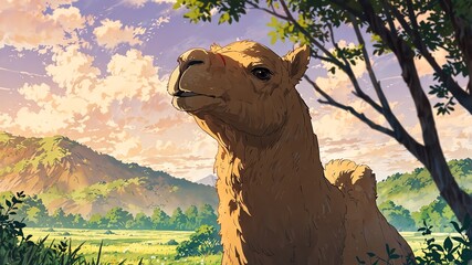 camel in nature scene background anime cartooon closeup portrait retro facing forward