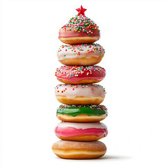 Wall Mural - Christmas tree made of stacked donuts, glazed and decorated with sprinkles, isolated on white 