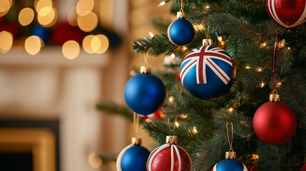 Poster - Christmas tree with British flag colors, blue, red, and white ornaments, wide-angle shot, festive background 