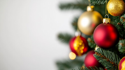 Canvas Print - Closeup of a Christmas tree with Spanish flag colors, red and yellow decorations, isolated on a white background 