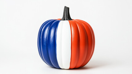 Poster - Closeup of a Halloween pumpkin painted with French flag colors, blue, white, and red, isolated on a white background 